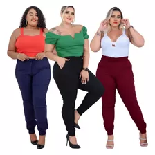 Kit C/ 3 Calças Jogger Plus Size Bolso Frente E Cordão 