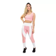 Conjunto Fitness Legging E Cropped Rosê E Branco Power