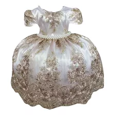 Vestido Infantil Branco Renda Dourada Realeza Luxo 