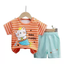 Pijama Niña Algodon Manga Corta Short Gata Sirena