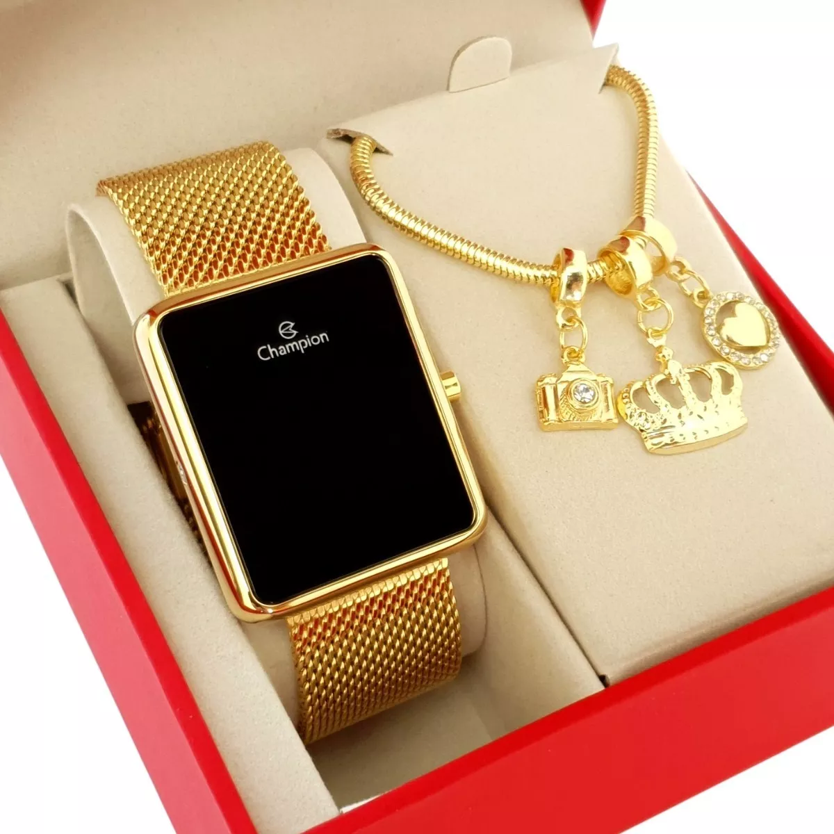 Relógio Champion Feminino Dourado Luxo + Pulseira Original