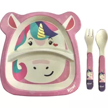 Kit Refeição Com Prato Infantil + Colher E Garfo Unicórnio