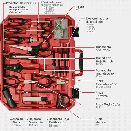 Set Herramientas Manuales Combinada Hogar Wembley 140pz 8743 Rojo