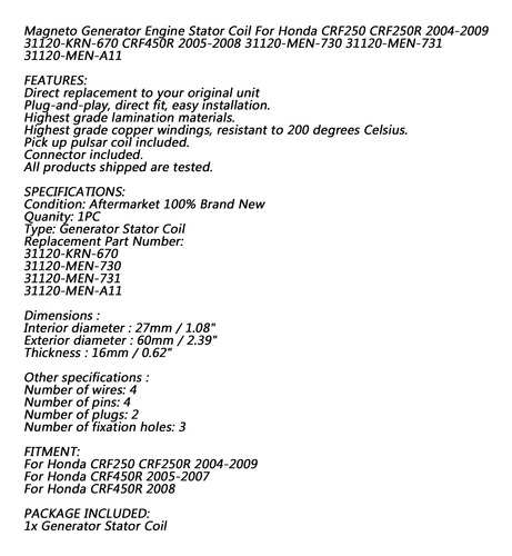 Alternador Estator Para Honda Crf250r 04-09 Crf Foto 9