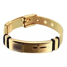 Bracelete Masculina Dourado Malha De Aço Cruz Banhada Ouro