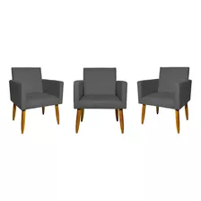 Kit 3 Poltronas Cadeiras Para Escritório Pé Palito Castanho Cor Cinza Desenho Do Tecido Suede