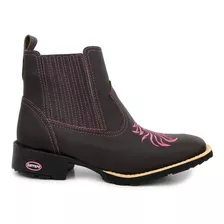 Botina Feminina Country Bico Quadrado Couro Bordado Cavalo