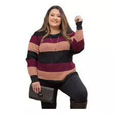 Blusa Feminina Plus Size Colorida Suéter Manga Longa Tricot