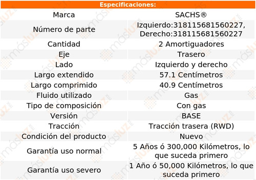 2- Amortiguadores Gas Traseros E300 6 Cil 3.5l 2010 Sachs Foto 2