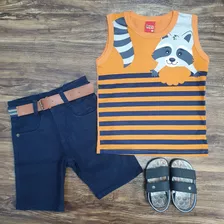 Conjunto Verão Regata Guaxinim Infantil Laranja Menino Roupa