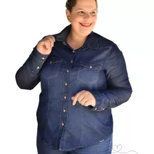 Camisa Blusa Jeans Feminina Plus Size Manga Longa Outono 