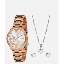 Relógio Lince Feminino Lrr4710l Rosa Dourado Brinco Colar