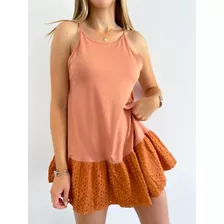 Vestido Corto Musculosa De Algodon Combinado Con Broderie