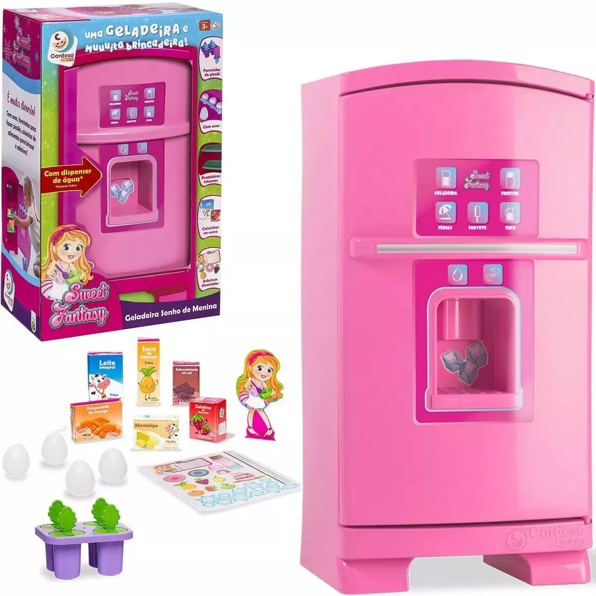 Geladeira De Brinquedo Infantil Grande - Rosa + Acessórios