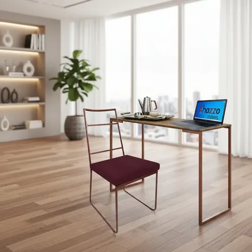 Cadeira E Mesa Bronze Tampo Mdf Castanho Suede Bordô Vermelho