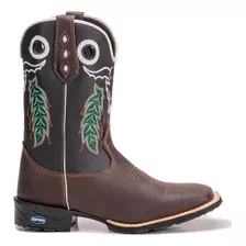 Bota Texana Country Bordada Boi Flores Sola Bico Quadrado