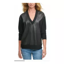 Dkny Faux-leather Front Sweatshirt Black Blusa P/dama