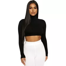 Blusa Feminina Cropped Gola Alta Manga Longa Básico