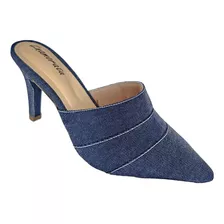 Sapato Feminino Mule Jeans Salto 8 Bico Fino Conforto