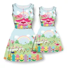 Kit De Vestido Rodado Tal Mãe Tal Filha Jardim Encantado 3pç