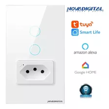 Interruptor Inteligente Com Tomada Wifi Nova Digital 2 Botões Tuya Alexa Branco