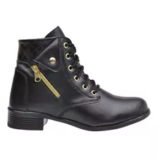 Bota Coturno Feminino Saltinho Couro Canocurto Ziper Confort