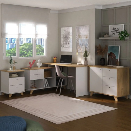 Conjunto Home Office 3 Peças 1 Escrivaninha Em L Gold Hh Olmo/branco