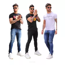 Kit 3 Calças Masculina Jeans Sarja Elastano Skinny Barato