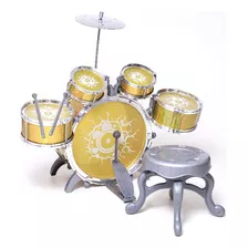 Bateria Infantil Rock Party Com Banquinho Banqueta Meninos Cor Dourado