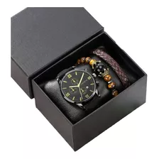 Reloj Hombre Negro Gris Acero Inoxidable Elegante + Pulseras