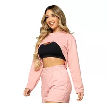 Casaco Super Cropped Manda Longa Moletinho Feminina Moda