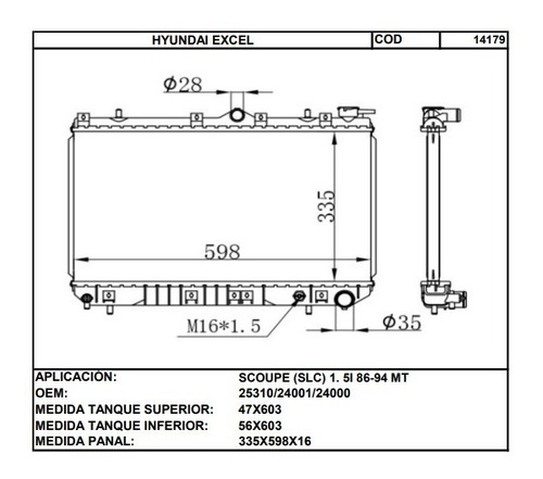 Radiador Hyundai Excel Laminilla 16mm (cod:14179) Foto 2