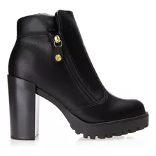 Bota Feminina Biker Salto Alto Tratorado Preta Moleca Cor 15745 - Preto 01 Desenho Do Tecido Liso Tamanho 34