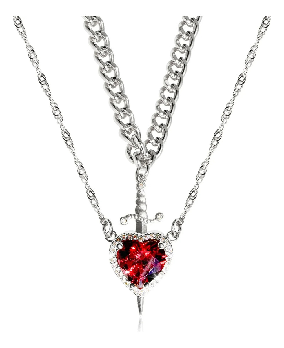 Set 2 Collares Corazon Y Espada Compartir Novios Amor Valent Plateado