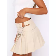 Minifalda Plisada Para Mujer, Cintura Alta, Anillo Metálico,