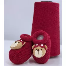 Sapatinho Recém Nascido Tricot Vermelho Aplique De Urso