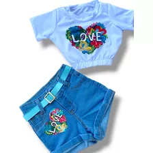 Conjunto Infantil Croped Broboleta E Shorts Jeans Com Cinto