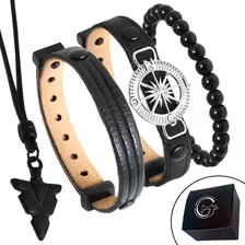 Pulseiras Masculinas Couro Bússola Kit C / 03 + Colar Tribal