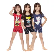 Kit 3 Pijamas Camisa Manga Curta E Shorts Infantil Verão