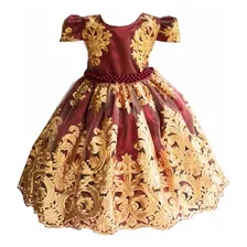 Vestido Festa Rosa Infantil Realeza Daminha Dourado Luxo