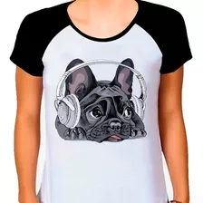 Camiseta Raglan Buldog Francês Cachorro Pet Dog Branca Fem02