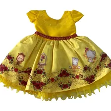 Vestido Temático Infantil A Bela E Fera Festa Luxo Amarelo