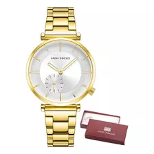 Relógio De Pulso Elegante De Quartzo Mini Focus Para Mulheres, Cor De Pulseira Dourada