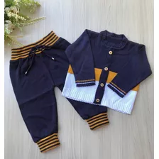 Conjunto De Menino Casaco + Calça Em Tricot Azul Marinho