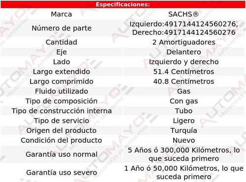 2) Amortiguadores Gas Delanteros Sachs C280 2008-2009 Foto 2