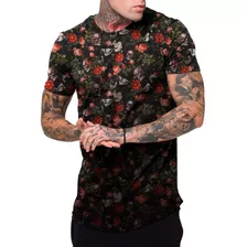 Camiseta Masculina Camisa Longline Floral E Caveiras Top