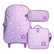 Pack Mochila Con Ruedas Lonchera Estuche Moose Girls Color Violeta Diseño De La Tela Mariposas