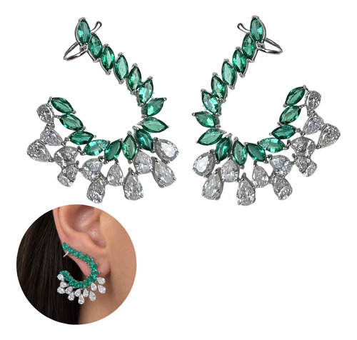 Brinco Ear Cuff Ouro 18k Diamantes 5,3ct E Esmeraldas 3,6ct Branco