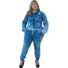 Conjunto Feminino Jeans Jaqueta E Calça Plus Size Inverno