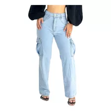 Calça Jeans Wideleg Cintura Alta Feminina Pantalona Cargo